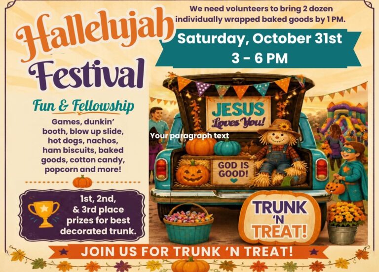 Hallelujah Festival and Trunk 'N Treat announcement for Saturday October 31, 3 to 6 PM